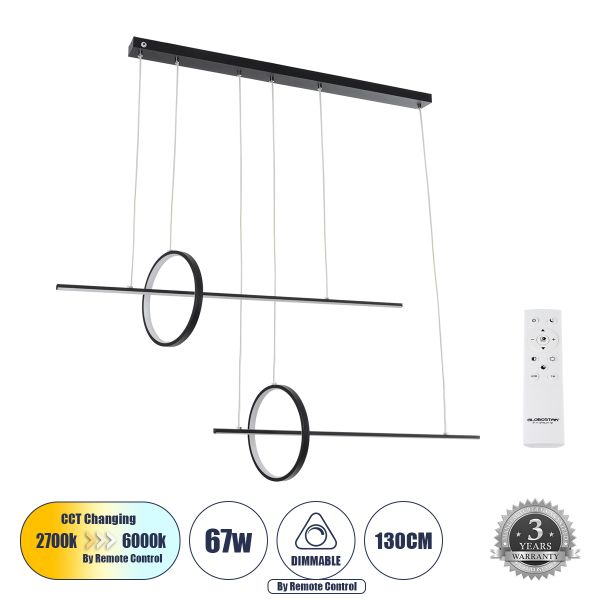GLOBOSTAR® LINEARE 61290 Μοντέρνο Κρεμαστό Φωτιστικό Οροφής LED 67W 7504lm 300° AC 220-240V IP20 Ρυθμιζόμενο Λευκό CCT με Χειριστήριο από 2700K έως 6000K Dimmable - Lumileds SMD Chip - Μαύρο Ματ - Μ130 x Π25 x Υ60cm - 3 Χρόνια Εγγύηση