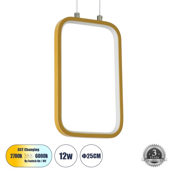 GLOBOSTAR® NEROBA 61301 Μοντέρνο Κρεμαστό Φωτιστικό Οροφής LED 12W 1320lm 360° AC 220-240V IP20 Ρυθμιζόμενο Λευκό CCT με On/Off 2700K/4500K/6000K - Lumileds SMD Chip - Χρυσό Βούρτσας - Μ16 x Π1.6 x Υ25.5cm - 3 Χρόνια Εγγύηση