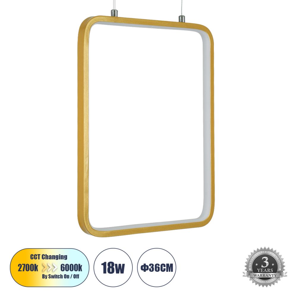 GLOBOSTAR® NEROBA 61305 Μοντέρνο Κρεμαστό Φωτιστικό Οροφής LED 18W 1980lm 360° AC 220-240V IP20 Ρυθμιζόμενο Λευκό CCT με On/Off 2700K/4500K/6000K - Lumileds SMD Chip - Χρυσό Βούρτσας - Μ29 x Π2 x Υ36cm - 3 Χρόνια Εγγύηση