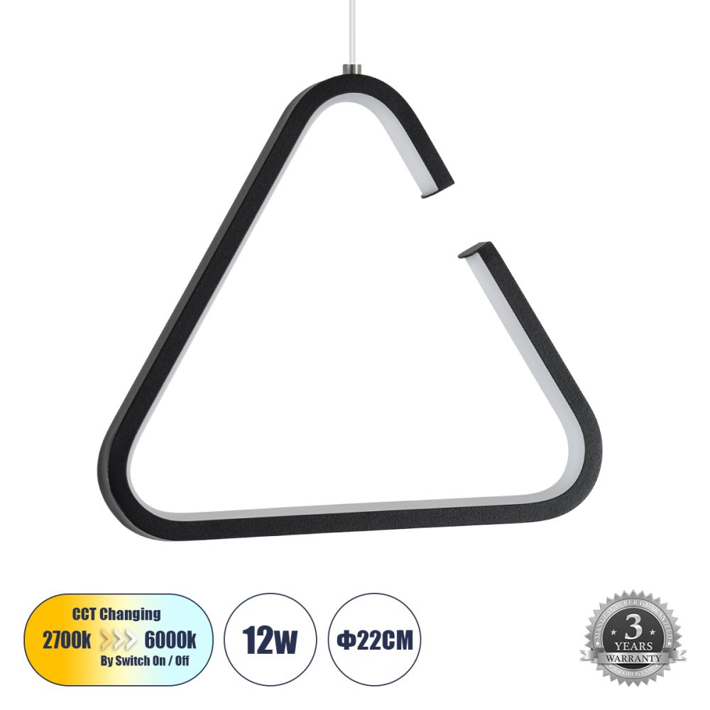 GLOBOSTAR® CEROBA 61307 Μοντέρνο Κρεμαστό Φωτιστικό Οροφής LED 12W 1320lm 360° AC 220-240V IP20 Ρυθμιζόμενο Λευκό CCT με On/Off 2700K/4500K/6000K - Lumileds SMD Chip - Μαύρο Ματ - Μ22 x Π2 x Υ22cm - 3 Χρόνια Εγγύηση