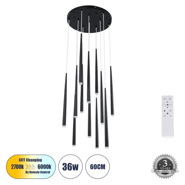 GLOBOSTAR® TEARS 61313 Μοντέρνο Κρεμαστό Φωτιστικό Οροφής LED 36W 3960lm 180° AC 220-240V IP20 Ρυθμιζόμενο Λευκό CCT με Χειριστήριο από 2700K έως 6000K Dimmable - Lumileds SMD Chip - Μαύρο - Μ60 x Π60 x Υ51.5cm - 3 Χρόνια Εγγύηση