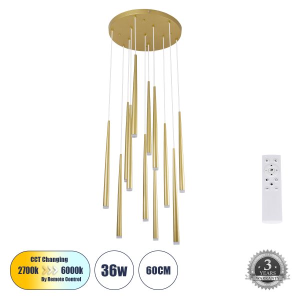 GLOBOSTAR® TEARS 61314 Μοντέρνο Κρεμαστό Φωτιστικό Οροφής LED 36W 3960lm 180° AC 220-240V IP20 Ρυθμιζόμενο Λευκό CCT με Χειριστήριο από 2700K έως 6000K Dimmable - Lumileds SMD Chip - Χρυσό Βούρτσας - Μ60 x Π60 x Υ51.5cm - 3 Χρόνια Εγγύηση