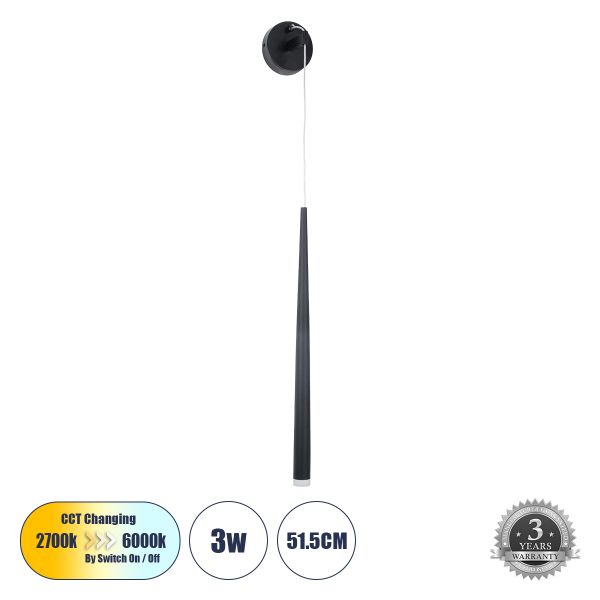 GloboStar® TEARS 61315 Φωτιστικό Τοίχου - Απλίκα Design LED CCT 3W 330lm 180° AC 220-240V - Εναλλαγή Φωτισμού μέσω Διακόπτη On/Off All In One Ψυχρό 6000k+Φυσικό 4500k+Θερμό 2700k Φ3.2 x Υ51.5cm - Μαύρο - 3 Years Warranty