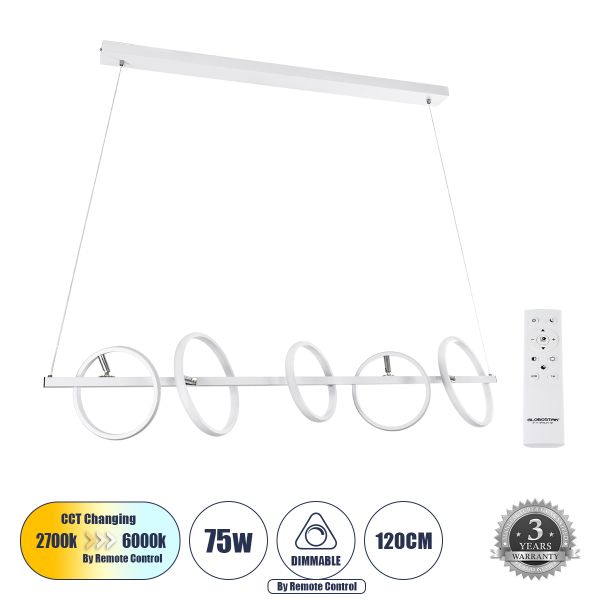 GLOBOSTAR® CIRCOLARE 61320 Μοντέρνο Κρεμαστό Φωτιστικό Οροφής LED 75W 8400lm 360° AC 220-240V IP20 Ρυθμιζόμενο Λευκό CCT με Χειριστήριο από 2700K έως 6000K Dimmable - Lumileds SMD Chip - Λευκό - Μ120 x Π25 x Υ25cm - 3 Χρόνια Εγγύηση