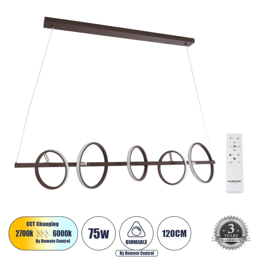 GLOBOSTAR® CIRCOLARE 61321 Μοντέρνο Κρεμαστό Φωτιστικό Οροφής LED 75W 8400lm 360° AC 220-240V IP20 Ρυθμιζόμενο Λευκό CCT με Χειριστήριο από 2700K έως 6000K Dimmable - Lumileds SMD Chip - Καφέ - Μ120 x Π25 x Υ25cm - 3 Χρόνια Εγγύηση