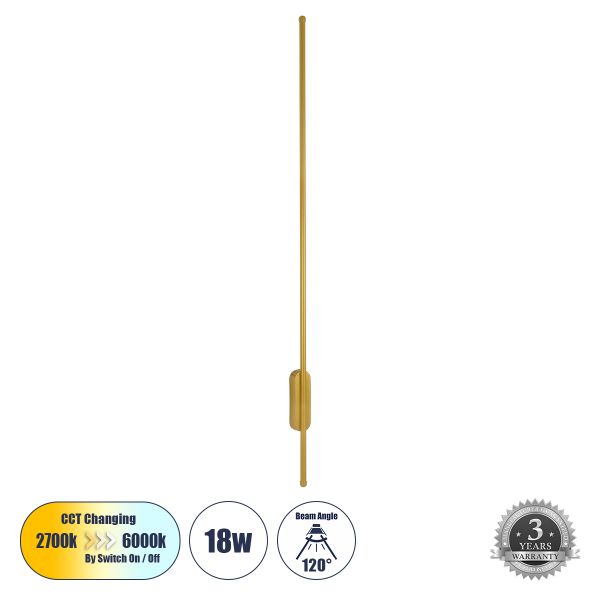 GLOBOSTAR® HARLEM 61336 Μοντέρνο Φωτιστικό Τοίχου - Απλίκα LED 18W 2160lm 120° AC 220-240V IP20 Ρυθμιζόμενο Λευκό CCT με On/Off 2700K/4500K/6000K - Lumileds SMD Chip - Χρυσό Βούρτσας - Μ5 x Π4 x Υ120cm - 3 Χρόνια Εγγύηση