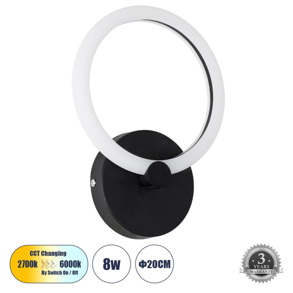 GLOBOSTAR® MATILDA 61339 Μοντέρνο Φωτιστικό Τοίχου - Απλίκα LED 8W 960lm 360° AC 220-240V IP20 Ρυθμιζόμενο Λευκό CCT με On/Off 2700K/4500K/6000K - Lumileds SMD Chip - Μαύρο Ματ - Μ20 x Π5 x Υ25.5cm - 3 Χρόνια Εγγύηση