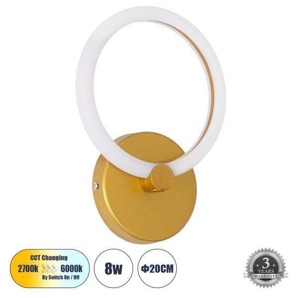 GloboStar® MATILDA 61340 Φωτιστικό Τοίχου - Απλίκα Design LED CCT 8W 960lm 360° AC 220-240V - Εναλλαγή Φωτισμού μέσω Διακόπτη On/Off All In One Ψυχρό 6000k+Φυσικό 4500k+Θερμό 2700k Μ20 x Π5 x Υ25.5cm - Χρυσό - 3 Years Warranty