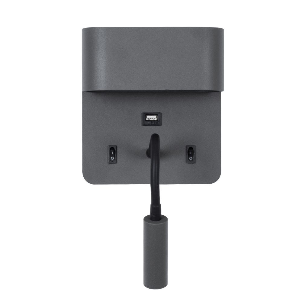 GLOBOSTAR® IBIS 61369 Μοντέρνο Φωτιστικό Τοίχου - Απλίκα Ξενοδοχείου Reading Light με Φορτιστή USB 3A LED 10W 1100lm 36° & 360° AC 220-240V IP20 Φυσικό Λευκό 4500K - Bridgelux COB Chip & TÜV SÜD Driver - Γκρι Ανθρακί Ματ - Μ10 x Π6.1 x Υ18cm - 3 Χ