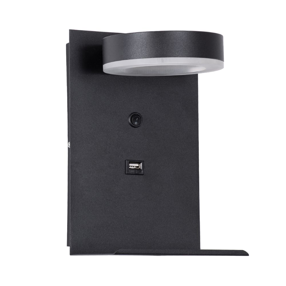 GLOBOSTAR® CROWN 61370 Μοντέρνο Φωτιστικό Τοίχου - Απλίκα Ξενοδοχείου Reading Light με Φορτιστή USB 3A LED 5W 550lm 120° AC 220-240V IP20 Φυσικό Λευκό 4500K - Bridgelux COB Chip & TÜV SÜD Driver - Μαύρο Ματ - Μ15 x Π15 x Υ23cm - 3 Χρόνια Εγγύηση