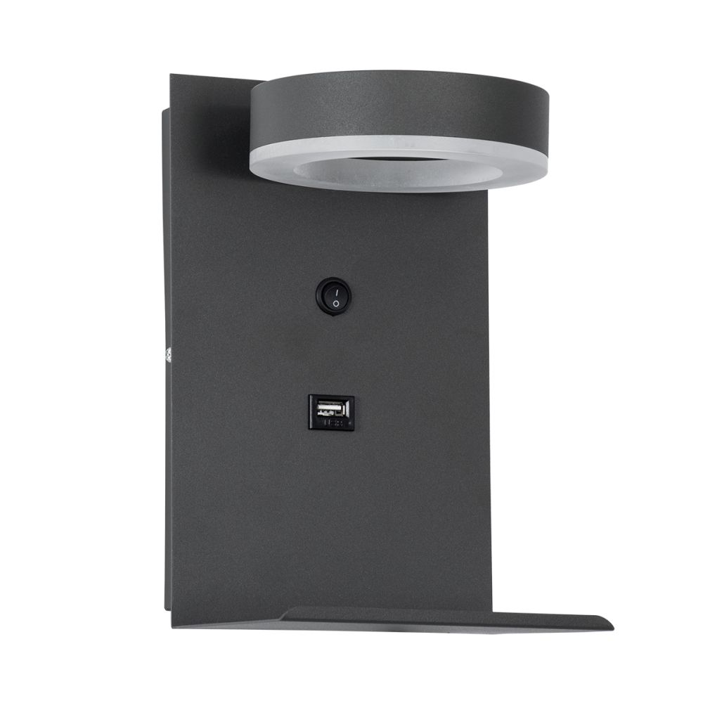 GLOBOSTAR® CROWN 61372 Μοντέρνο Φωτιστικό Τοίχου - Απλίκα Ξενοδοχείου Reading Light με Φορτιστή USB 3A LED 5W 550lm 120° AC 220-240V IP20 Φυσικό Λευκό 4500K - Bridgelux COB Chip & TÜV SÜD Driver - Γκρι Ανθρακί Ματ - Μ15 x Π15 x Υ23cm - 3 Χρόνια Εγγύησ