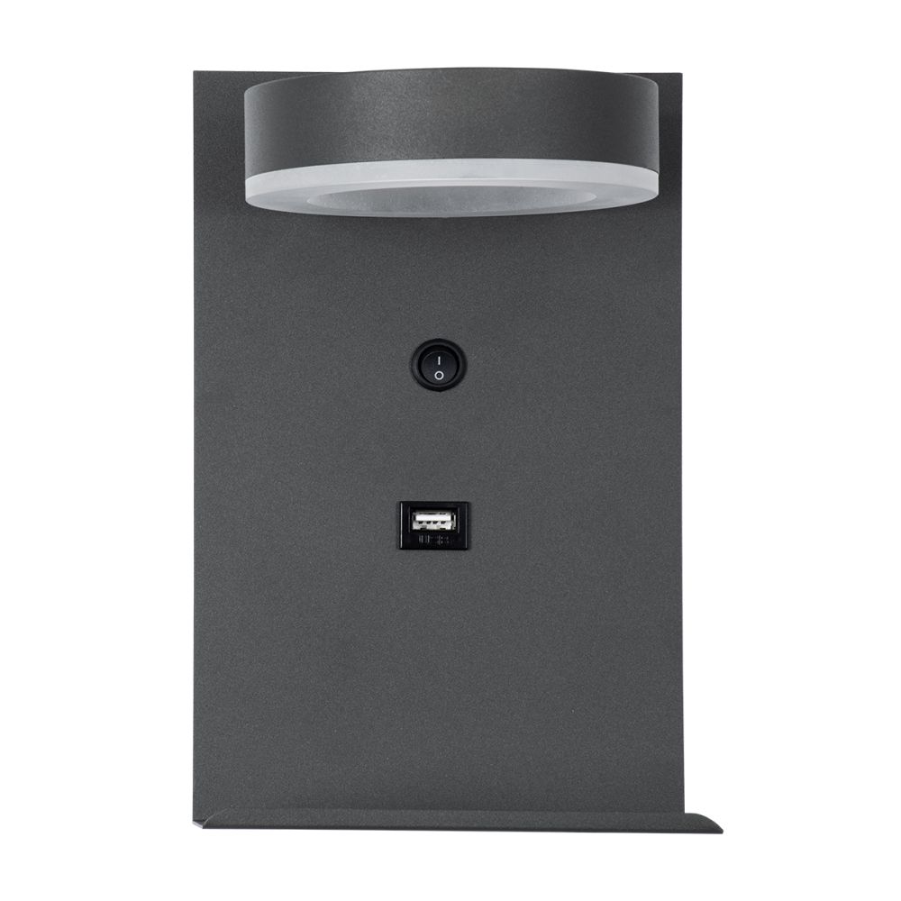 GLOBOSTAR® CROWN 61372 Μοντέρνο Φωτιστικό Τοίχου - Απλίκα Ξενοδοχείου Reading Light με Φορτιστή USB 3A LED 5W 550lm 120° AC 220-240V IP20 Φυσικό Λευκό 4500K - Bridgelux COB Chip & TÜV SÜD Driver - Γκρι Ανθρακί Ματ - Μ15 x Π15 x Υ23cm - 3 Χρόνια Εγγύησ