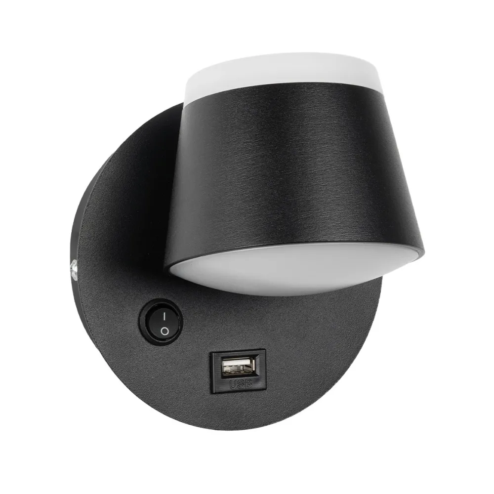 GLOBOSTAR® REGENCY 61373 Μοντέρνο Φωτιστικό Τοίχου - Απλίκα Ξενοδοχείου Reading Light με Φορτιστή USB 3A LED 8W 920lm 120° AC 220-240V IP20 Φυσικό Λευκό 4500K - Bridgelux SMD Chip & TÜV SÜD Driver - Μαύρο Ματ - Μ12 x Π12 x Υ13cm - 3 Χρόνια Εγγύηση