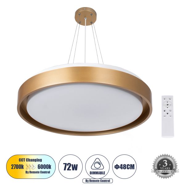 GloboStar® BARCHETTA 61399-P Κρεμαστή Πλαφονιέρα Οροφής LED CCT 72W 8306lm 120° AC 220-240V - Εναλλαγή Φωτισμού μέσω Τηλεχειριστηρίου All In One Ψυχρό 6000k+Φυσικό 4500k+Θερμό 2700k Dimmable Φ48cm - Χρυσό - 3 Years Warranty