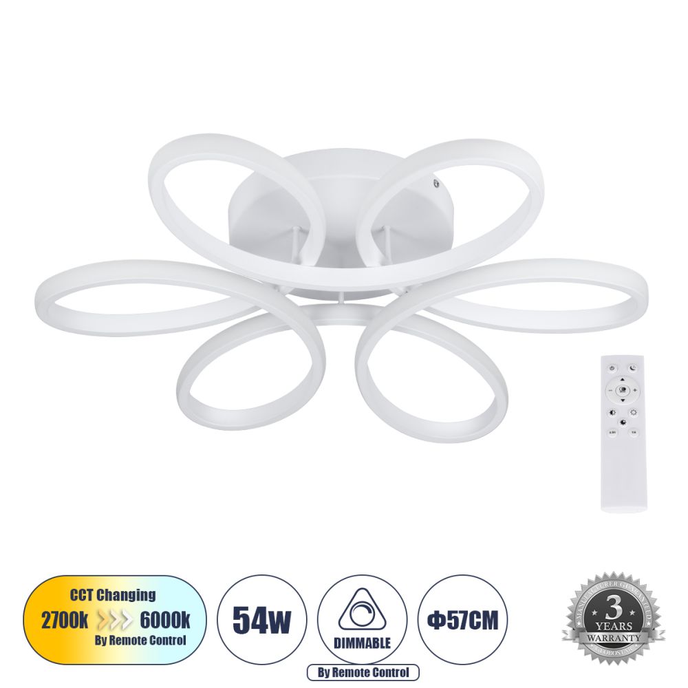 GLOBOSTAR® MARGARET 61401 Μοντέρνο Φωτιστικό Οροφής LED 54W 6210lm 360° AC 220-240V IP20 Ρυθμιζόμενο Λευκό CCT με Χειριστήριο από 2700K έως 6000K Dimmable - Lumileds SMD Chip - Λευκό Ματ - Μ57 x Π57 x Υ12cm - 3 Χρόνια Εγγύηση