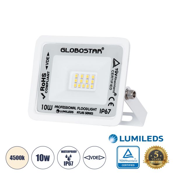 GloboStar® ATLAS 61405 Επαγγελματικός Προβολέας LED 10W 1200lm 120° AC 220-240V - Αδιάβροχος IP67 - Μ10 x Π2 x Υ8cm - Λευκό - Φυσικό Λευκό 4500K - LUMILEDS Chips - TÜV Rheinland Certified - 5 Years Warranty