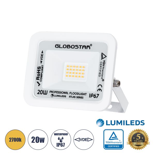 GloboStar® ATLAS 61409 Επαγγελματικός Προβολέας LED 20W 2300lm 120° AC 220-240V - Αδιάβροχος IP67 - Μ12 x Π2.5 x Υ9.5cm - Λευκό - Θερμό Λευκό 2700K - LUMILEDS Chips - TÜV Rheinland Certified - 5 Years Warranty