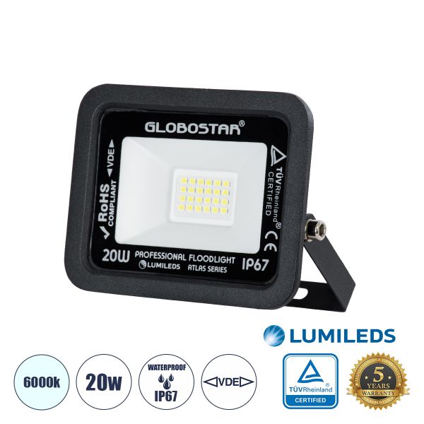 GloboStar® ATLAS 61410 Επαγγελματικός Προβολέας LED 20W 2500lm 120° AC 220-240V - Αδιάβροχος IP67 - Μ12 x Π2.5 x Υ9.5cm - Μαύρο - Ψυχρό Λευκό 6000K - LUMILEDS Chips - TÜV Rheinland Certified - 5 Years Warranty