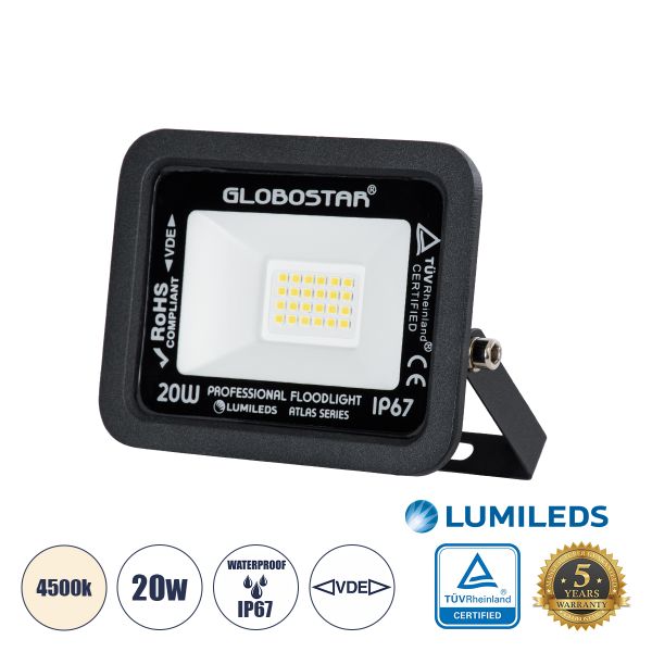 GloboStar® ATLAS 61411 Επαγγελματικός Προβολέας LED 20W 2400lm 120° AC 220-240V - Αδιάβροχος IP67 - Μ12 x Π2.5 x Υ9.5cm - Μαύρο - Φυσικό Λευκό 4500K - LUMILEDS Chips - TÜV Rheinland Certified - 5 Years Warranty