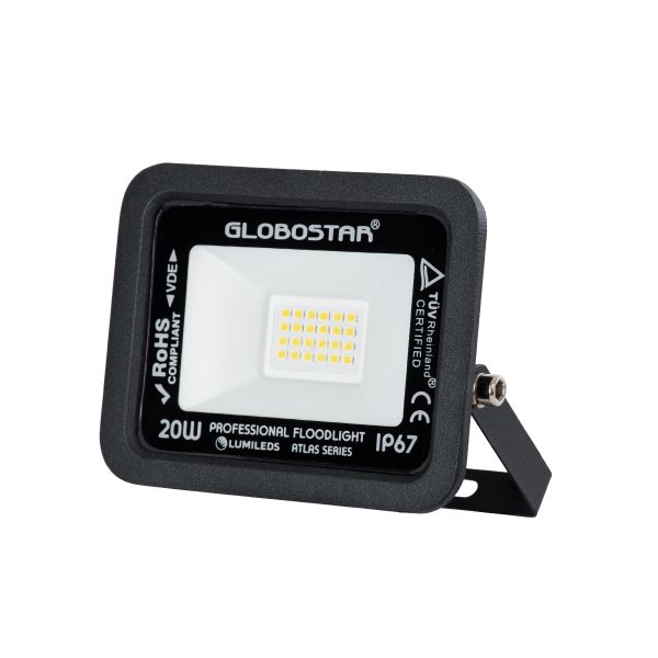 GloboStar® ATLAS 61411 Επαγγελματικός Προβολέας LED 20W 2400lm 120° AC 220-240V - Αδιάβροχος IP67 - Μ12 x Π2.5 x Υ9.5cm - Μαύρο - Φυσικό Λευκό 4500K - LUMILEDS Chips - TÜV Rheinland Certified - 5 Years Warranty