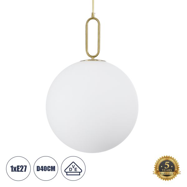 GloboStar® BELLISSIMO 61488 Μοντέρνο Κρεμαστό Φωτιστικό Μπάλα Μονόφωτο 1 x E27 IP20 Λευκό Γυαλί με Χρυσό Μέταλλο - Μ40 x Π40 x Υ62cm