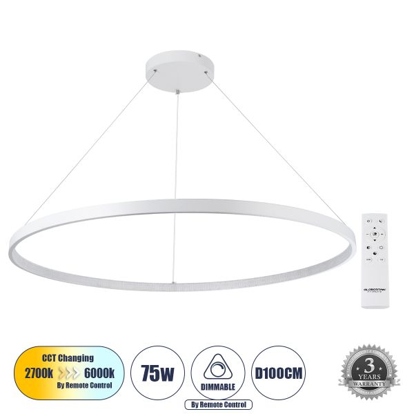 GLOBOSTAR® DIAMOND 61518 Μοντέρνο Κρεμαστό Φωτιστικό Οροφής LED 75W 8400lm 360° AC 220-240V IP20 Ρυθμιζόμενο Λευκό CCT με Χειριστήριο από 2700K έως 6000K Dimmable - Lumileds SMD Chip - Λευκό - Μ100 x Π100 x Υ90cm - 3 Χρόνια Εγγύηση