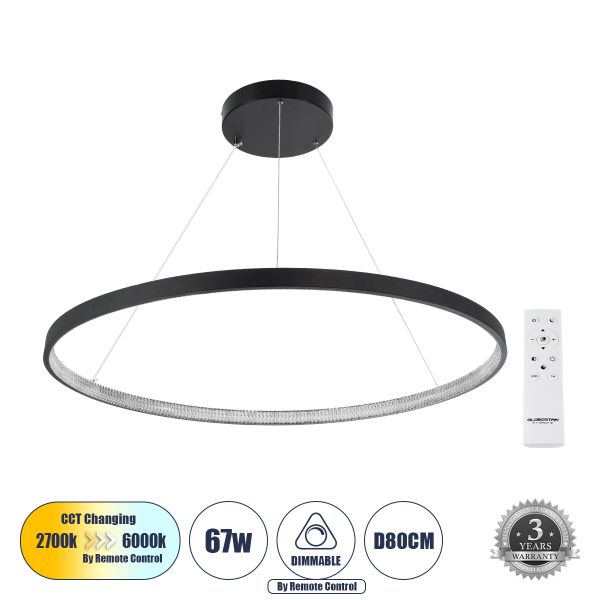 GLOBOSTAR® DIAMOND 61520 Μοντέρνο Κρεμαστό Φωτιστικό Οροφής LED 67W 7504lm 360° AC 220-240V IP20 Ρυθμιζόμενο Λευκό CCT με Χειριστήριο από 2700K έως 6000K Dimmable - Lumileds SMD Chip - Μαύρο - Μ80 x Π80 x Υ110cm - 3 Χρόνια Εγγύηση