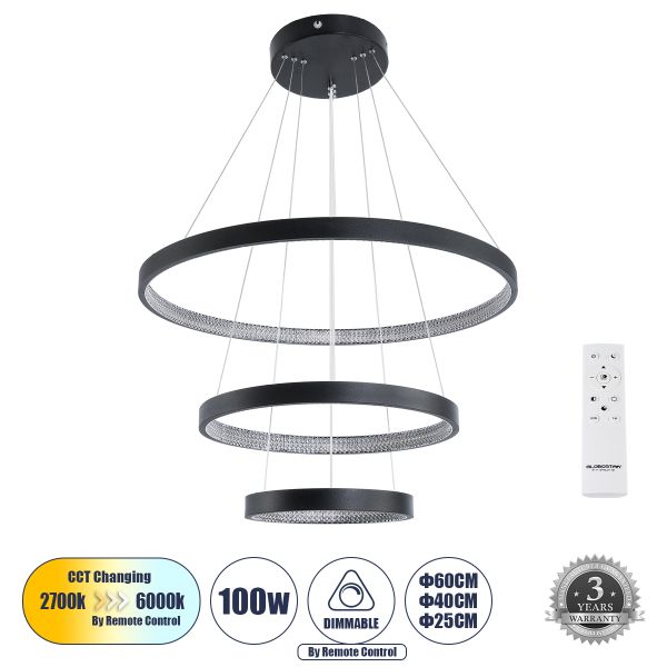 GLOBOSTAR® DIAMOND TRIO 61523 Μοντέρνο Κρεμαστό Φωτιστικό Οροφής LED 100W 11200lm 360° AC 220-240V IP20 Ρυθμιζόμενο Λευκό CCT με Χειριστήριο από 2700K έως 6000K Dimmable - Lumileds SMD Chip - Μαύρο - Μ60 x Π60 x Υ90cm - 3 Χρόνια Εγγύηση
