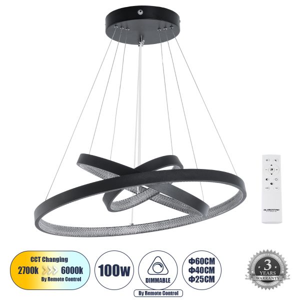 GLOBOSTAR® DIAMOND TRIO 61523-DECO Μοντέρνο Κρεμαστό Φωτιστικό Οροφής LED 100W 11200lm 360° AC 220-240V IP20 Ρυθμιζόμενο Λευκό CCT με Χειριστήριο από 2700K έως 6000K Dimmable - Lumileds SMD Chip - Μαύρο - Μ60 x Π60 x Υ90cm - 3 Χρόνια Εγγύηση