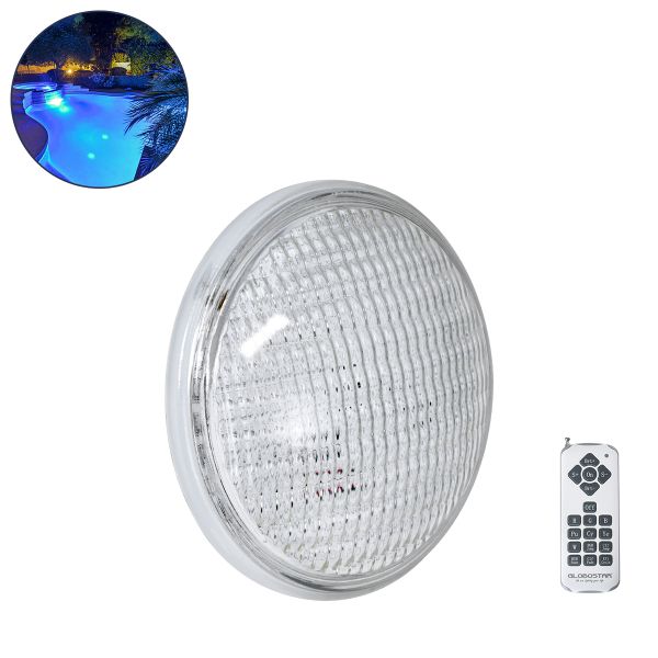 GloboStar® POOLANO 61537 Λάμπα LED Σποτ Πισίνας GX16D PAR56 25W 1750lm 120° AC 12V Αδιάβροχο IP68 IK06 Tempered Glass Φ18 x Υ10cm RGB με Ασύρματο Χειριστήριο RF 2.4Ghz Εμβέλειας 60 Μέτρων - Bridgelux Chip - 3 Years Warranty