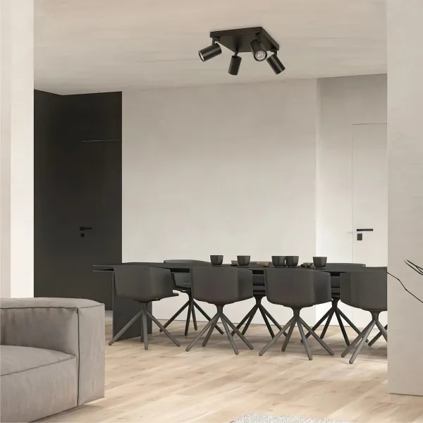 kelvo® SPOTA KLV-101-0146 Μοντέρνο Κινούμενο Φωτιστικό Σποτ Οροφής με Ντουί 4 x GU10 90° AC 220-240V IP20 - Μαύρο Ματ - Μ26 x Π26 x Υ14cm