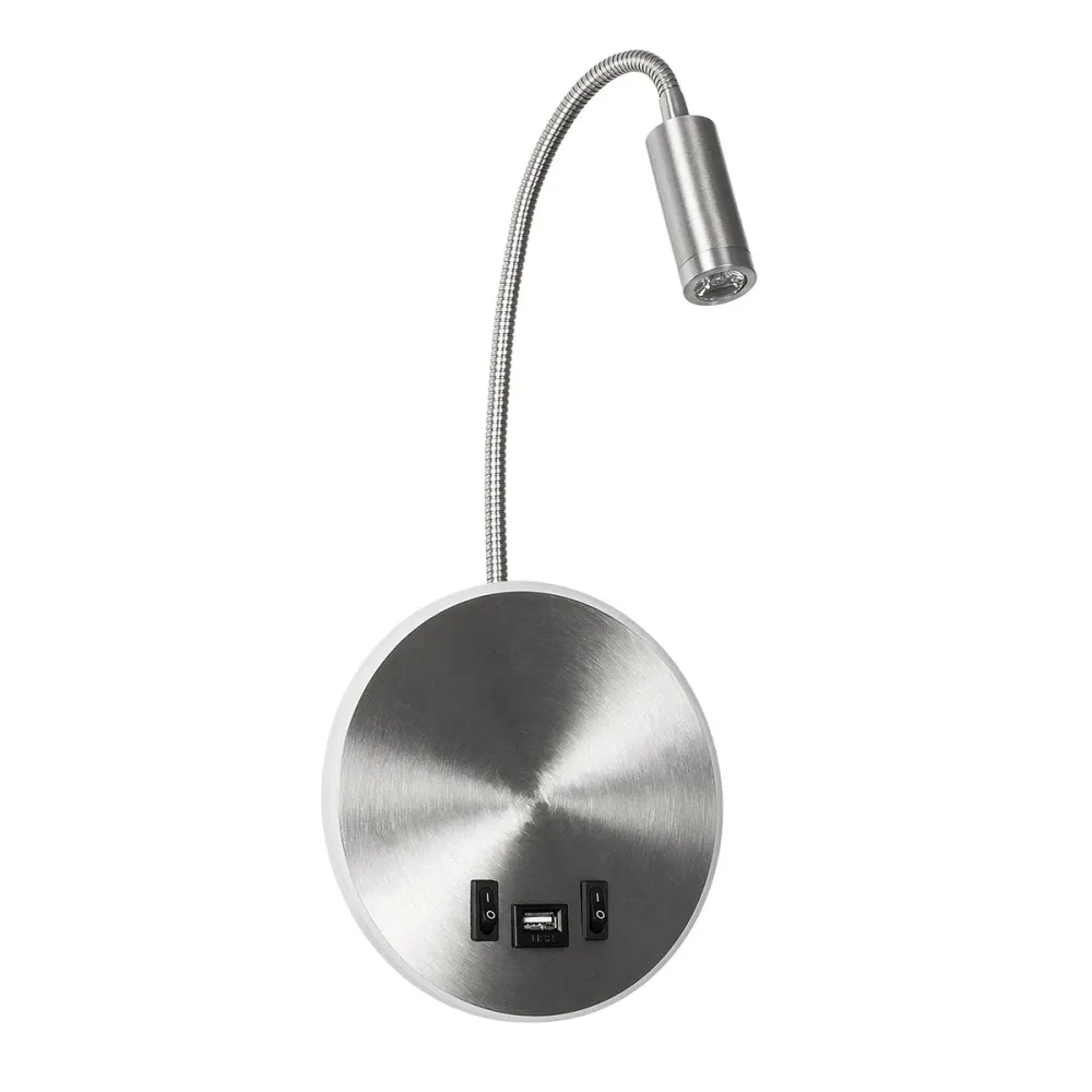 GLOBOSTAR® GOOSE 61696 Μοντέρνο Φωτιστικό Τοίχου - Απλίκα Ξενοδοχείου Reading Light με Φορτιστή USB 3A LED 6W 540lm 36° & 360° AC 220-240V IP20 Θερμό Λευκό 2700K - CREE XPE & Lumileds SMD Chip - Νίκελ Βούρτσας - Μ15.5 x Π15 x Υ30.5cm - 3 Χρόνια Εγ