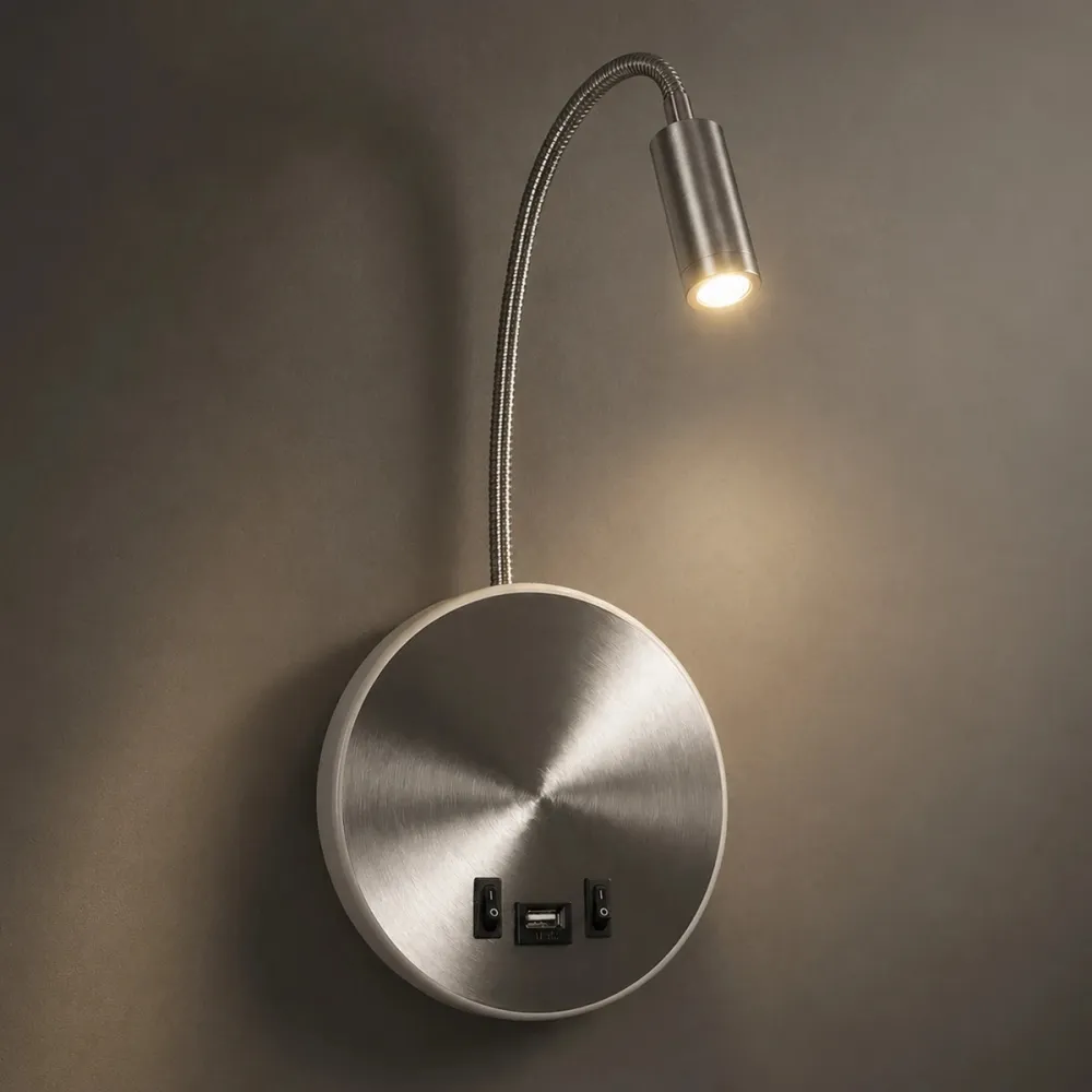 GLOBOSTAR® GOOSE 61696 Μοντέρνο Φωτιστικό Τοίχου - Απλίκα Ξενοδοχείου Reading Light με Φορτιστή USB 3A LED 6W 540lm 36° & 360° AC 220-240V IP20 Θερμό Λευκό 2700K - CREE XPE & Lumileds SMD Chip - Νίκελ Βούρτσας - Μ15.5 x Π15 x Υ30.5cm - 3 Χρόνια Εγ