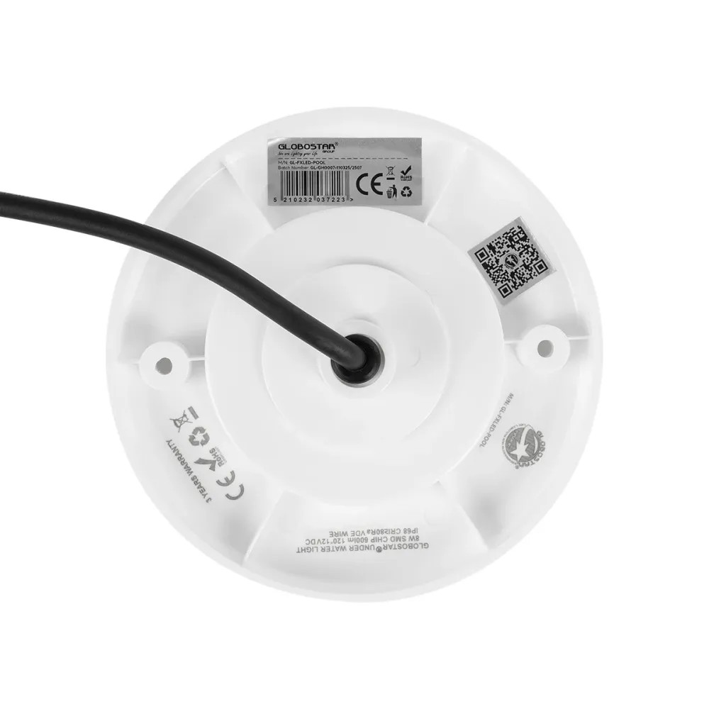 GLOBOSTAR® POOLARTY 61716 Υποβρύχιο Φωτιστικό για Σιντριβάνια/Πισίνες LED 8W 600lm 120° DC 12V Αδιάβροχο IP68 Θερμό Λευκό 2700K Dimmable - Bridgelux SMD Chip - 1m VDE Rubber Καλώδιο - Μ13 x Π13 x Υ2cm - 3 Χρόνια Εγγύηση