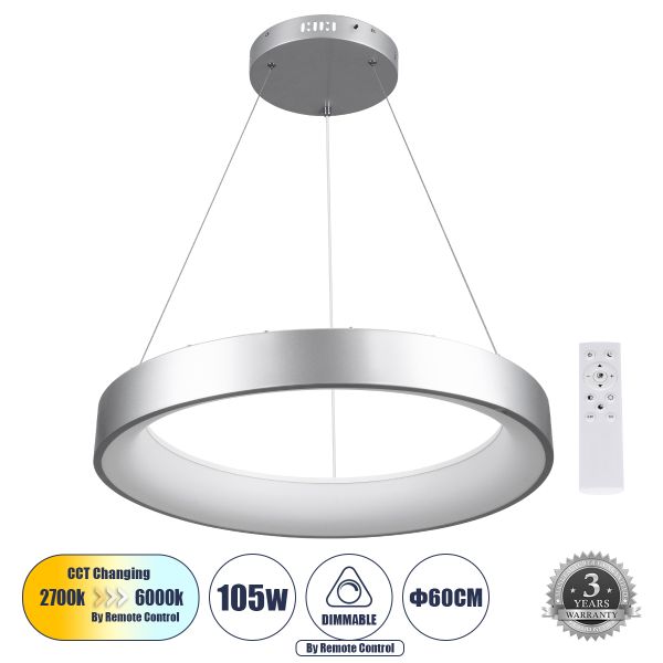 GLOBOSTAR® SALEM 61246 Μοντέρνο Κρεμαστό Φωτιστικό Οροφής LED 105W 12075lm 120° AC 220-240V IP20 Ρυθμιζόμενο Λευκό CCT με Χειριστήριο από 2700K έως 6000K Dimmable - Lumileds SMD Chip - Ασημί - Μ60 x Π60 x Υ7cm - 3 Χρόνια Εγγύηση