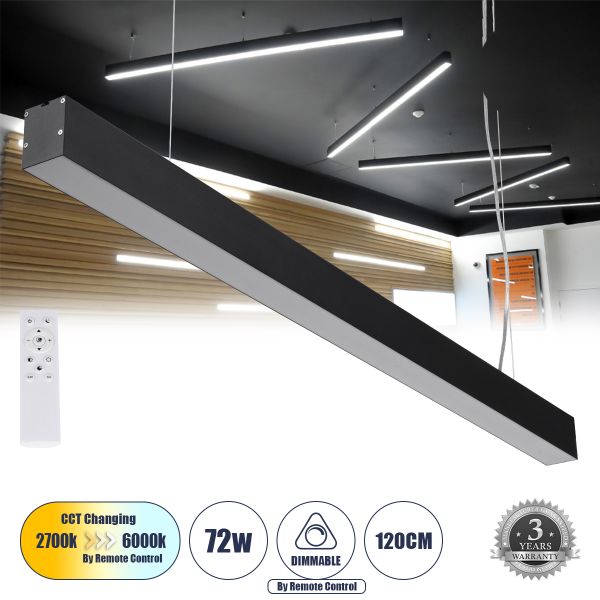 GLOBOSTAR® ORION 61030-P Μοντέρνο Γραμμικό Κρεμαστό Φωτιστικό Οροφής LED 72W 8600lm 120° AC 220-240V IP20 Ρυθμιζόμενο Λευκό CCT με Χειριστήριο από 2700K έως 6000K Dimmable - Lumileds SMD Chip - Μαύρο Ματ - Μ120 x Π5.5 x Υ7cm - 3 Χρόνια Εγγύηση