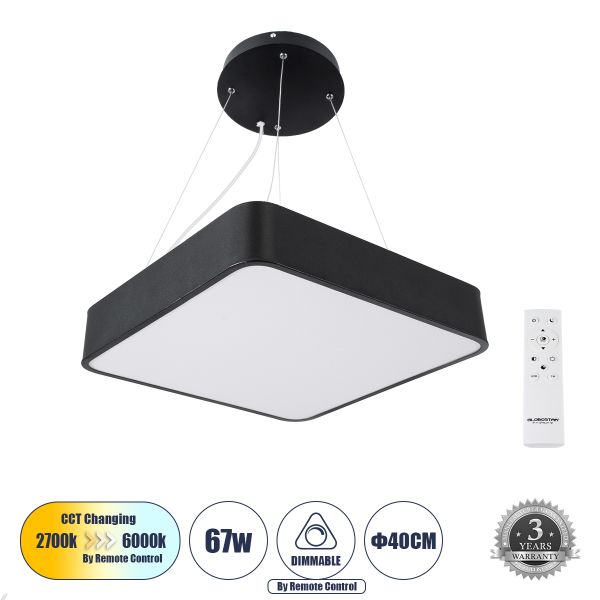 GLOBOSTAR® KAMALA 61206-P Μοντέρνο Κρεμαστό Φωτιστικό Οροφής LED 67W 7370lm 120° AC 220-240V IP20 Ρυθμιζόμενο Λευκό CCT με Χειριστήριο από 2700K έως 6000K Dimmable - Lumileds SMD Chip - Μαύρο - Μ40 x Π40 x Υ8cm - 3 Χρόνια Εγγύηση