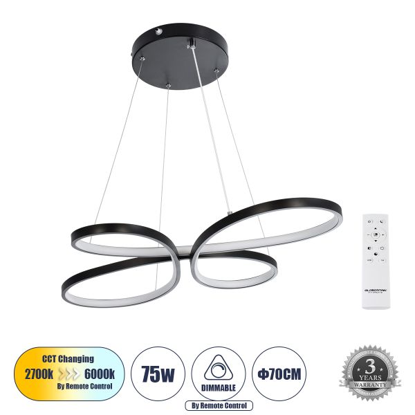 GLOBOSTAR® BUTTERFLY 61391 Μοντέρνο Κρεμαστό Φωτιστικό Οροφής LED 75W 8400lm 300° AC 220-240V IP20 Ρυθμιζόμενο Λευκό CCT με Χειριστήριο από 2700K έως 6000K Dimmable - Lumileds SMD Chip - Μαύρο - Μ70 x Π55 x Υ4cm - 3 Χρόνια Εγγύηση