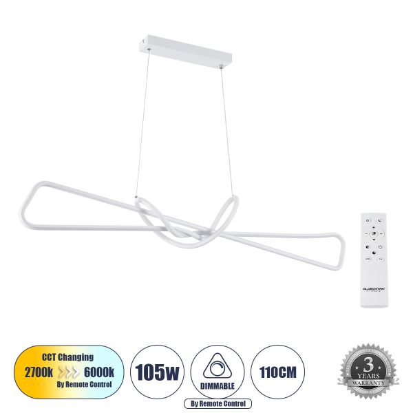GLOBOSTAR® DOLORES 61280 Μοντέρνο Κρεμαστό Φωτιστικό Οροφής LED 105W 11760lm 300° AC 220-240V IP20 Ρυθμιζόμενο Λευκό CCT με Χειριστήριο από 2700K έως 6000K Dimmable - Lumileds SMD Chip - Λευκό - Μ110 x Π17 x Υ17.5cm - 3 Χρόνια Εγγύηση