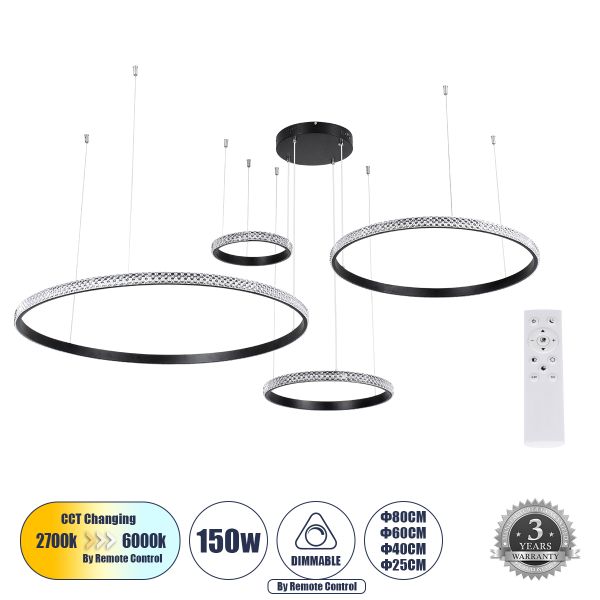 GLOBOSTAR® DIAMOND TETRA 61148 Μοντέρνο Κρεμαστό Φωτιστικό Οροφής LED 150W 18379lm 360° AC 220-240V IP20 Ρυθμιζόμενο Λευκό CCT με Χειριστήριο από 2700K έως 6000K Dimmable - Lumileds SMD Chip - Μαύρο - Μ150 x Π150 x Υ120cm - 3 Χρόνια Εγγύηση