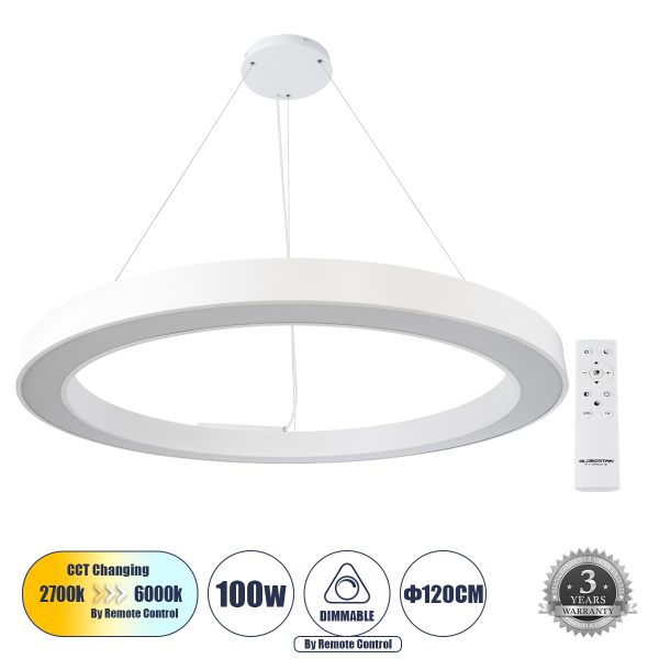 GLOBOSTAR® RA 61199 Μοντέρνο Κρεμαστό Φωτιστικό Οροφής LED 100W 11020lm 120° AC 220-240V IP20 Ρυθμιζόμενο Λευκό CCT με Χειριστήριο από 2700K έως 6000K Dimmable - Lumileds SMD Chip - Λευκό - Μ120 x Π120 x Υ8cm - 3 Χρόνια Εγγύηση