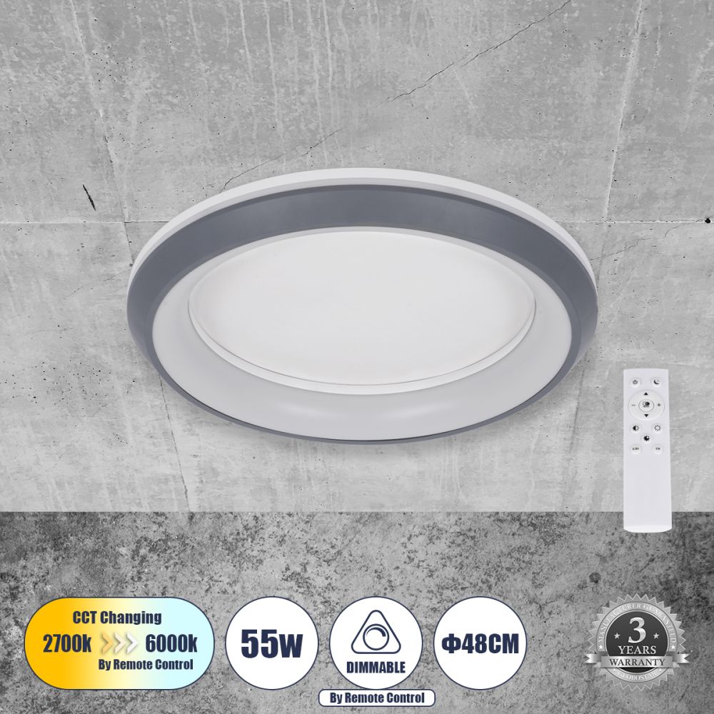 GLOBOSTAR® MELINA 61042 Μοντέρνο Φωτιστικό Οροφής LED 55W 6376lm 120° AC 220-240V IP20 Ρυθμιζόμενο Λευκό CCT με Χειριστήριο από 2700K έως 6000K Dimmable - Lumileds SMD Chip - Γκρι - Μ48 x Π48 x Υ9cm - 3 Χρόνια Εγγύηση