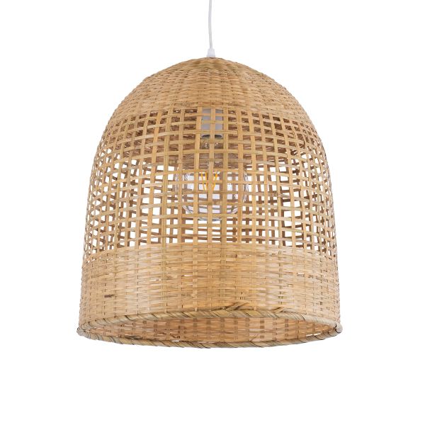 GloboStar® BORA-BORA 01735 Boho Κρεμαστό Φωτιστικό Καμπάνα Μονόφωτο 1 x E27 IP20 Μπεζ Ξύλο - Μ42 x Π42 x Y44cm