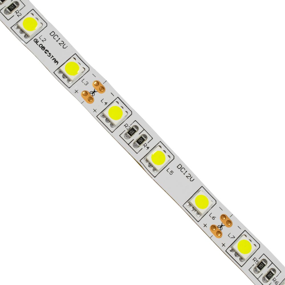 GLOBOSTAR® LUMAR 70020 Ταινία LED 14.4W/m 1440lm/m 120° DC 12V IP20 60 x SMD5050 Chip/m Ψυχρό Λευκό 6000K Dimmable - Sanan SMD Chip - Μ500 x Π1 x Υ0.2cm - Ρολό 5 Μέτρων - 5 Χρόνια Εγγύηση