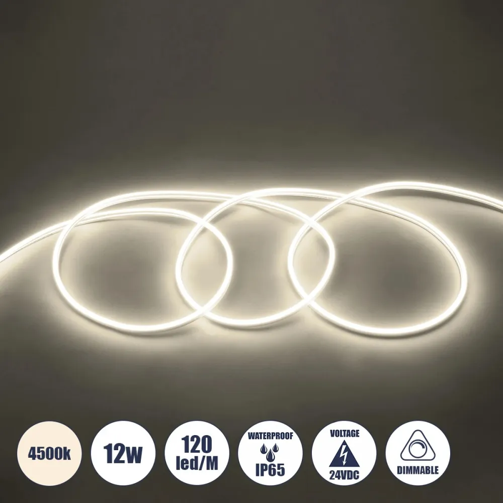 GLOBOSTAR® NEOVALE 70561 Ταινία Neon Flex LED 12W/m 960lm/m 120° DC 24V Αδιάβροχο IP65 120 x SMD2835 Chip/m Φυσικό Λευκό 4500K Dimmable - Sanan SMD Chip - Μ100 x Π0.8 x Υ1.6cm - 3 Χρόνια Εγγύηση