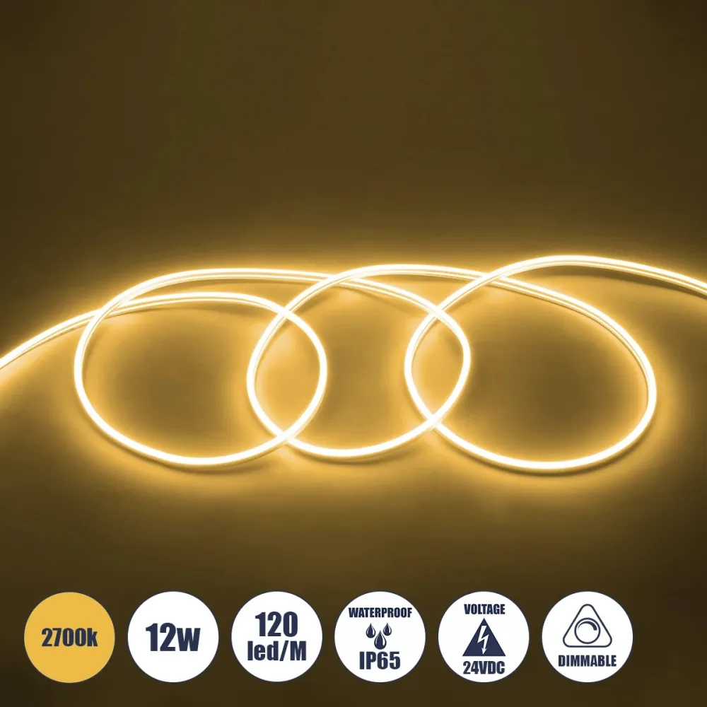 GLOBOSTAR® NEOVALE 70562 Ταινία Neon Flex LED 12W/m 840lm/m 120° DC 24V Αδιάβροχο IP65 120 x SMD2835 Chip/m Θερμό Λευκό 2700K Dimmable - Sanan SMD Chip - Μ100 x Π0.8 x Υ1.6cm - 3 Χρόνια Εγγύηση