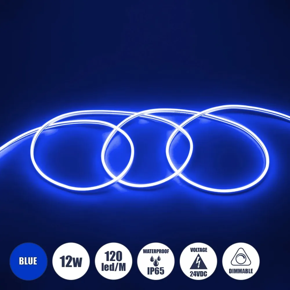 GLOBOSTAR® NEOVALE 70565 Ταινία Neon Flex LED 12W/m 600lm/m 120° DC 24V Αδιάβροχο IP65 120 x SMD2835 Chip/m Μπλε Dimmable - Sanan SMD Chip - Μ100 x Π0.8 x Υ1.6cm - 3 Χρόνια Εγγύηση