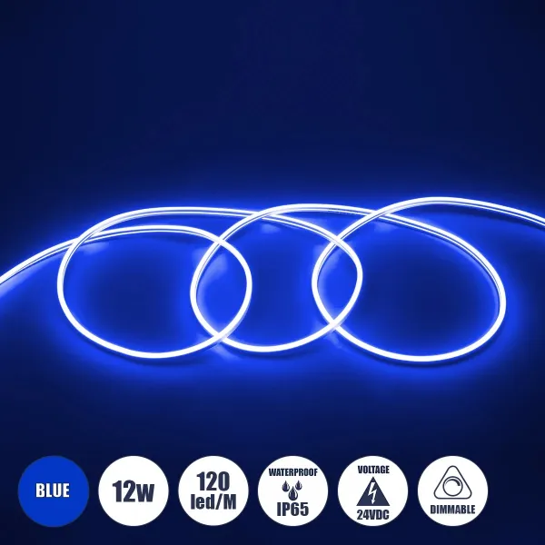 GLOBOSTAR® NEOVALE 70565 Ταινία Neon Flex LED 12W/m 600lm/m 120° DC 220-240V Αδιάβροχο IP65 120 x SMD2835 Chip/m Μπλε Dimmable - Μ100 x Π0.8 x Υ1.6cm - 3 Χρόνια Εγγύηση