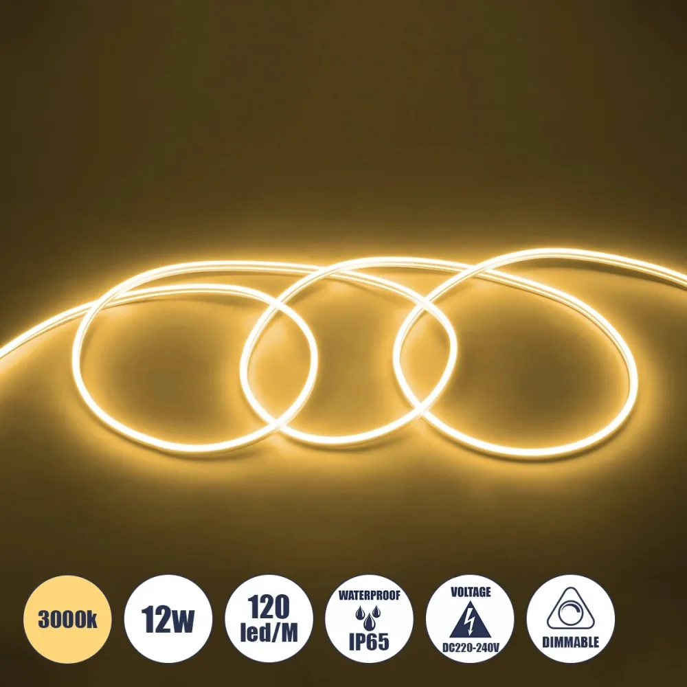 GLOBOSTAR® NEOVALE 70572 Ταινία Neon Flex LED 12W/m 840lm/m 120° DC 220-240V Αδιάβροχο IP65 120 x SMD2835 Chip/m Θερμό Λευκό 3000K Dimmable - Sanan SMD Chip - Μ100 x Π0.8 x Υ1.6cm - 3 Χρόνια Εγγύηση