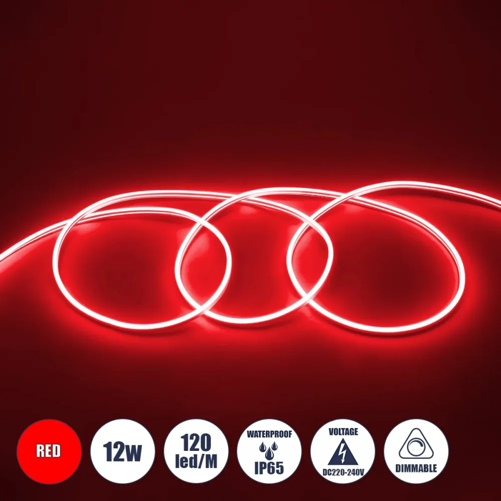 GLOBOSTAR® NEOVALE 70573 Ταινία Neon Flex LED 12W/m 600lm/m 120° DC 220-240V Αδιάβροχο IP65 120 x SMD2835 Chip/m Κόκκινο Dimmable - Sanan SMD Chip - Μ100 x Π0.8 x Υ1.6cm - 3 Χρόνια Εγγύηση